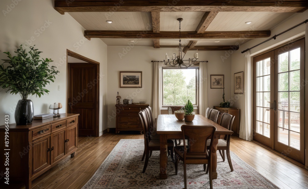 Cozy rustic farmhouse dining room with wooden beams, vintage furniture, and potted herbs Cozy rustic farmhouse dining room with wooden beams, vintage furniture, and potted herbs