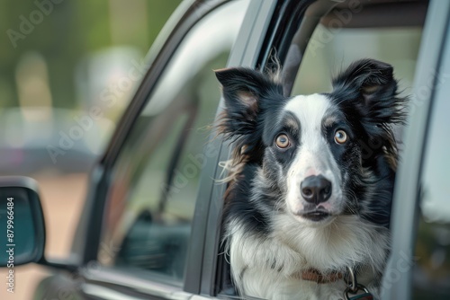 Surprised sheepdog riding in a car, looking out the window.
