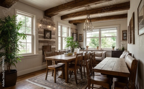 Cozy rustic farmhouse dining room with wooden beams, vintage furniture, and potted herbs © Rezhwan