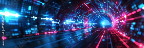 Dynamic depiction of a neon tunnel with vibrant blue and red lights, illustrating technological progress.