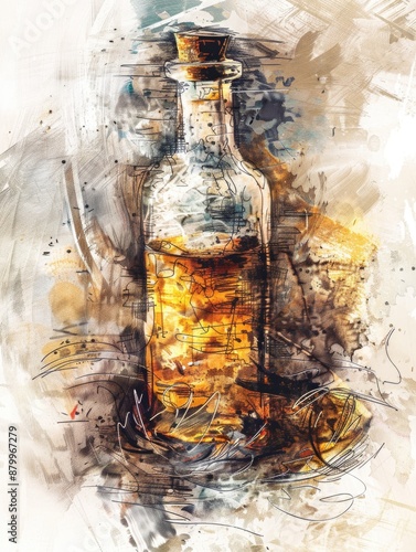 Bottle of alcohol is drawn in watercolor style photo