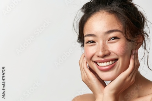 Skincare with beautiful Japanese Korean woman in her late thirties, with dark hair and wearing a white sleeveless top. Facial treatment, Cosmetology, Spa, Aesthetic, plastic surgery