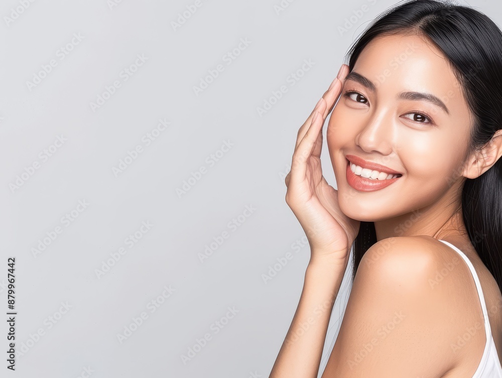 Skincare with beautiful Japanese Korean woman in her late thirties, with dark hair and wearing a white sleeveless top. Facial treatment, Cosmetology, Spa, Aesthetic, plastic surgery Skincare with beautiful Japanese Korean woman in her late thirties, with dark hair and wearing a white sleeveless top. Facial treatment, Cosmetology, Spa, Aesthetic, plastic surgery