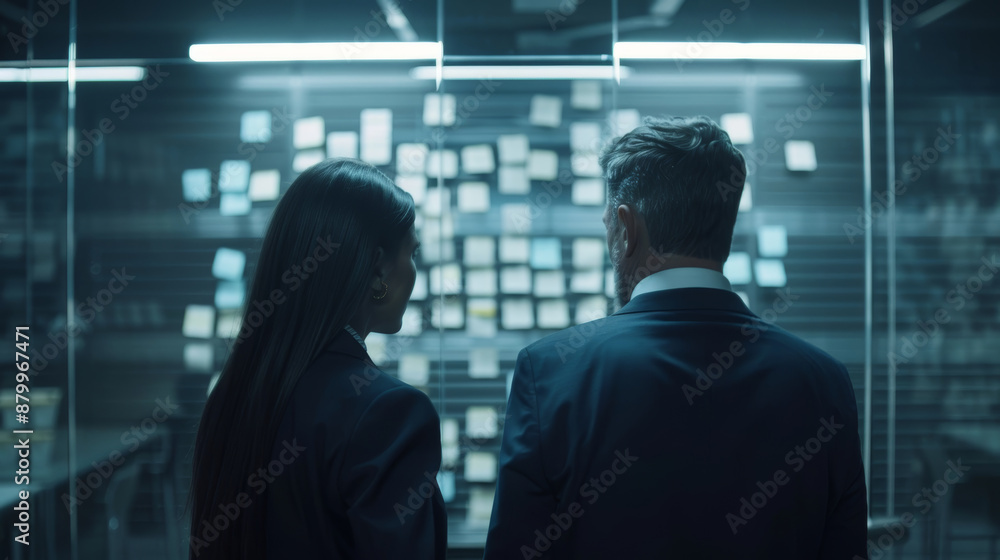 Business professionals analyzing notes on a glass wall in modern office Business professionals analyzing notes on a glass wall in modern office