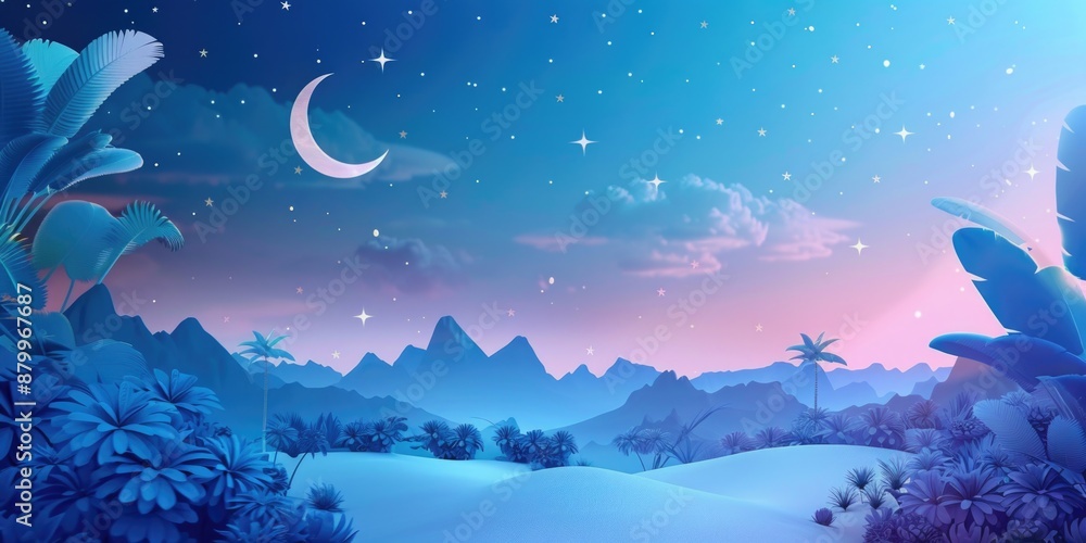 Beautiful blue sky with large moon and stars Beautiful blue sky with large moon and stars