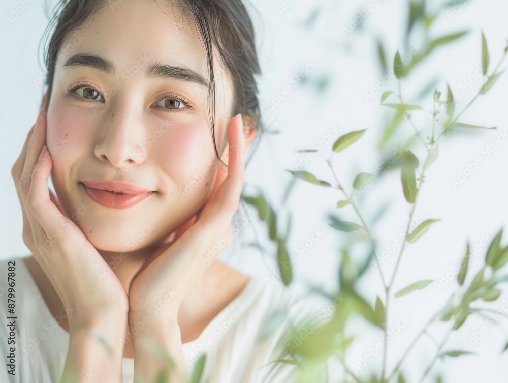 Skincare with beautiful Japanese Korean woman in her late thirties, with dark hair and wearing a white sleeveless top. Facial treatment, Cosmetology, Spa, Aesthetic, plastic surgery Skincare with beautiful Japanese Korean woman in her late thirties, with dark hair and wearing a white sleeveless top. Facial treatment, Cosmetology, Spa, Aesthetic, plastic surgery