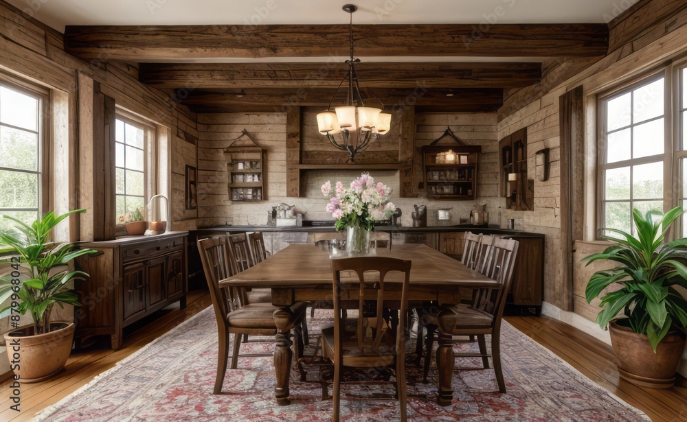 Cozy rustic farmhouse dining room with wooden beams, vintage furniture, and potted herbs Cozy rustic farmhouse dining room with wooden beams, vintage furniture, and potted herbs