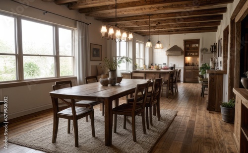 Cozy rustic farmhouse dining room with wooden beams, vintage furniture, and potted herbs