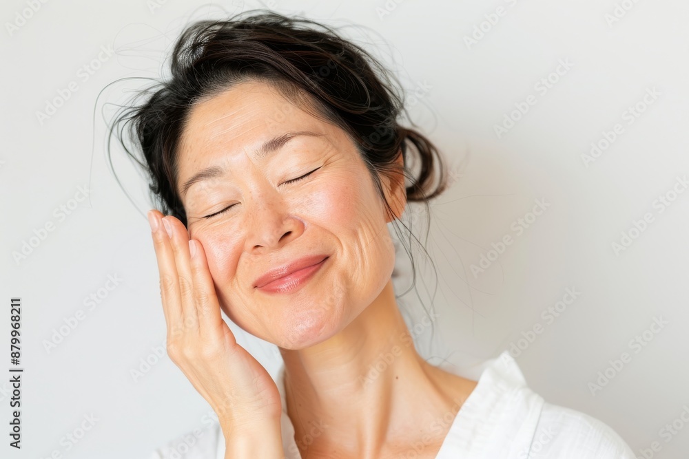 Skincare with beautiful Japanese Korean woman in her late thirties, with dark hair and wearing a white sleeveless top. Facial treatment, Cosmetology, Spa, Aesthetic, plastic surgery