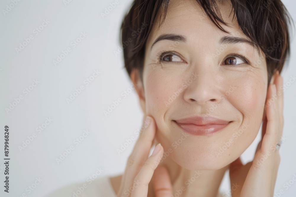 Skincare with beautiful Japanese Korean woman in her late thirties, with dark hair and wearing a white sleeveless top. Facial treatment, Cosmetology, Spa, Aesthetic, plastic surgery Skincare with beautiful Japanese Korean woman in her late thirties, with dark hair and wearing a white sleeveless top. Facial treatment, Cosmetology, Spa, Aesthetic, plastic surgery