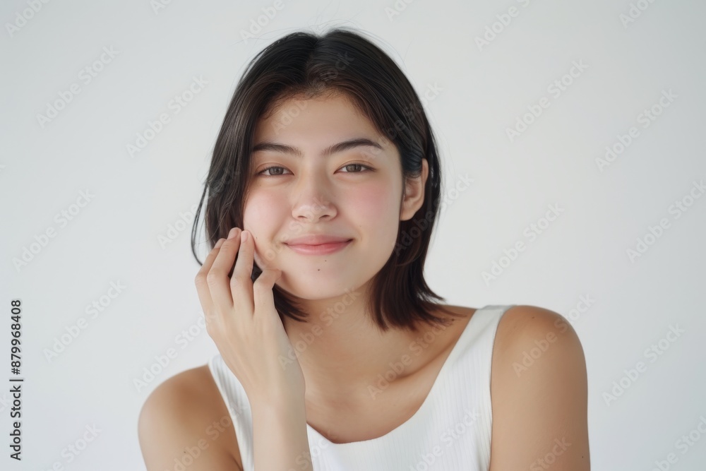 Skincare with beautiful Japanese Korean woman in her late thirties, with dark hair and wearing a white sleeveless top. Facial treatment, Cosmetology, Spa, Aesthetic, plastic surgery Skincare with beautiful Japanese Korean woman in her late thirties, with dark hair and wearing a white sleeveless top. Facial treatment, Cosmetology, Spa, Aesthetic, plastic surgery
