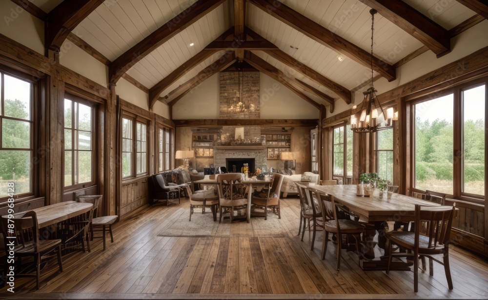 Cozy rustic farmhouse dining room with wooden beams, vintage furniture, and potted herbs Cozy rustic farmhouse dining room with wooden beams, vintage furniture, and potted herbs