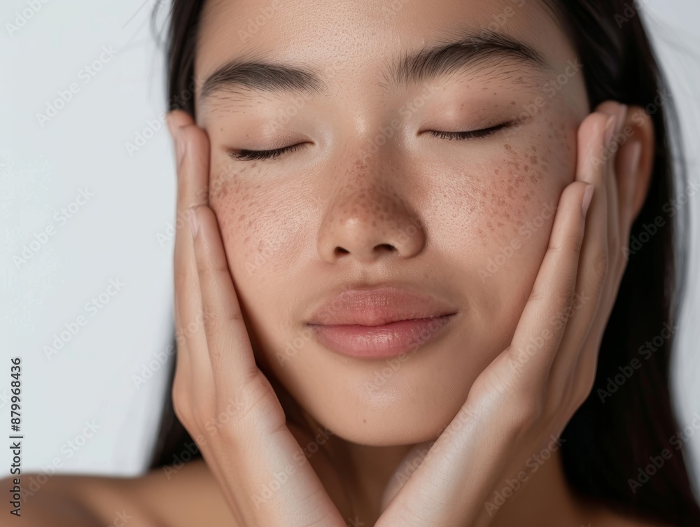 Skincare with beautiful Japanese Korean woman in her late thirties, with dark hair and wearing a white sleeveless top. Facial treatment, Cosmetology, Spa, Aesthetic, plastic surgery Skincare with beautiful Japanese Korean woman in her late thirties, with dark hair and wearing a white sleeveless top. Facial treatment, Cosmetology, Spa, Aesthetic, plastic surgery