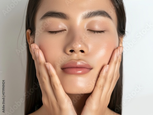 Skincare with beautiful Japanese Korean woman in her late thirties, with dark hair and wearing a white sleeveless top. Facial treatment, Cosmetology, Spa, Aesthetic, plastic surgery
