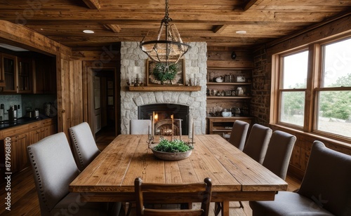 Cozy rustic farmhouse dining room with wooden beams, vintage furniture, and potted herbs