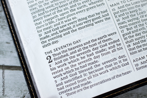 Photos Seventh Day (Christian Sabbath) verses in open holy bible book