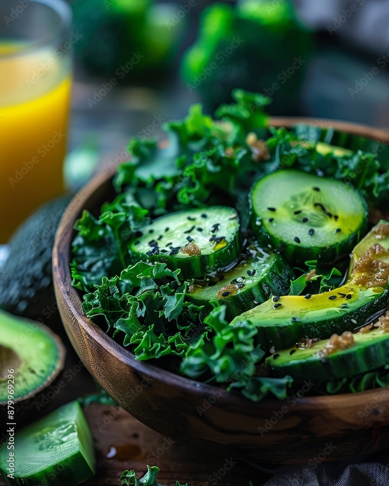 Morning fresh breakfast salad with cucumbers,leafy green lettuce,avocados and olive oil,orange juice Morning fresh breakfast salad with cucumbers,leafy green lettuce,avocados and olive oil,orange juice