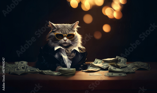 A funny mafia cat in a businessman banker costume sits at a table among the money
