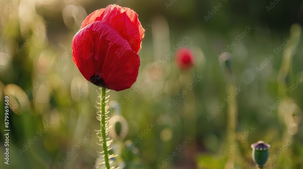 Obraz premium Close up image of a red poppy bud in a field