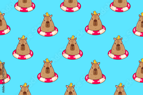 Seamless pattern of capybaras and lifebuoy. Vector illustration.