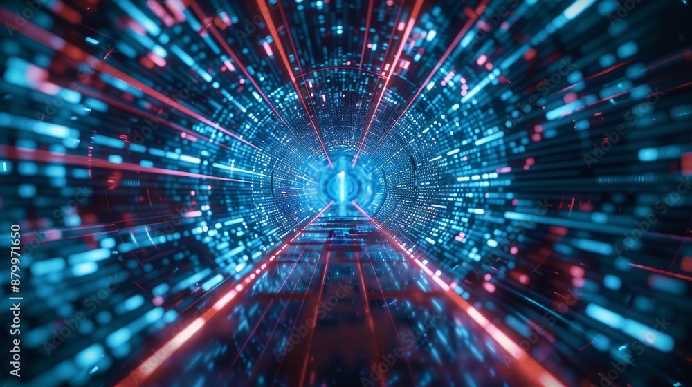 Obraz premium Dynamic depiction of a neon tunnel with vibrant blue and red lights, illustrating technological progress.