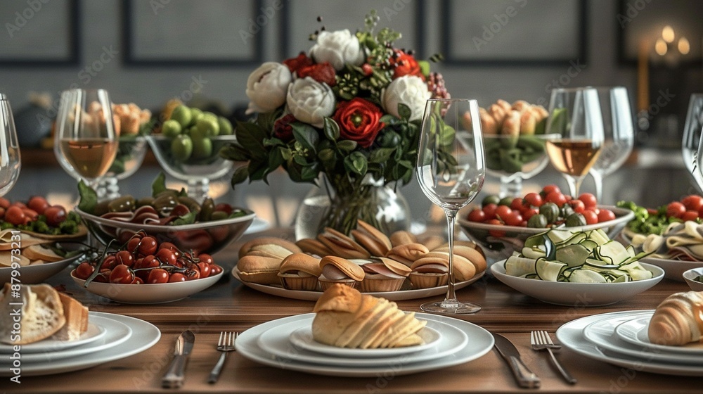 A table laden with dishes, glasses of wine, and a vase of flowers adorns its surface A table laden with dishes, glasses of wine, and a vase of flowers adorns its surface