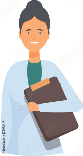 Friendly female doctor holding clipboard smiling wearing lab coat