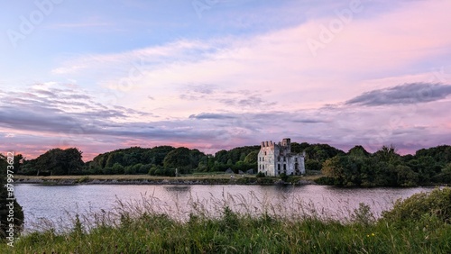 Obraz na płótnie Beautiful scenery of Menlo Castle 16th century ruin by the River Corrib at sunset in Galway, Ireland, historic architecture w salonie