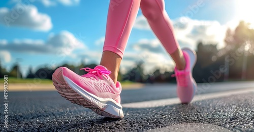 A woman is strolling on the road in pink footwear