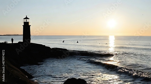   A lighthouse rests atop a cliff's edge, overlooking a tranquil waterbody Parasailers can be seen in the distance photo