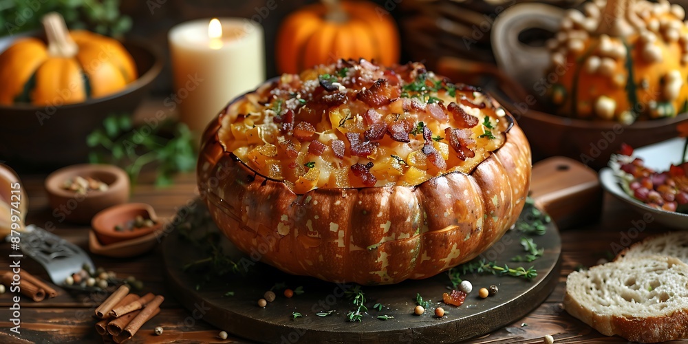 Hearty baked pumpkin with bacon in a cozy autumn setting Hearty baked pumpkin with bacon in a cozy autumn setting