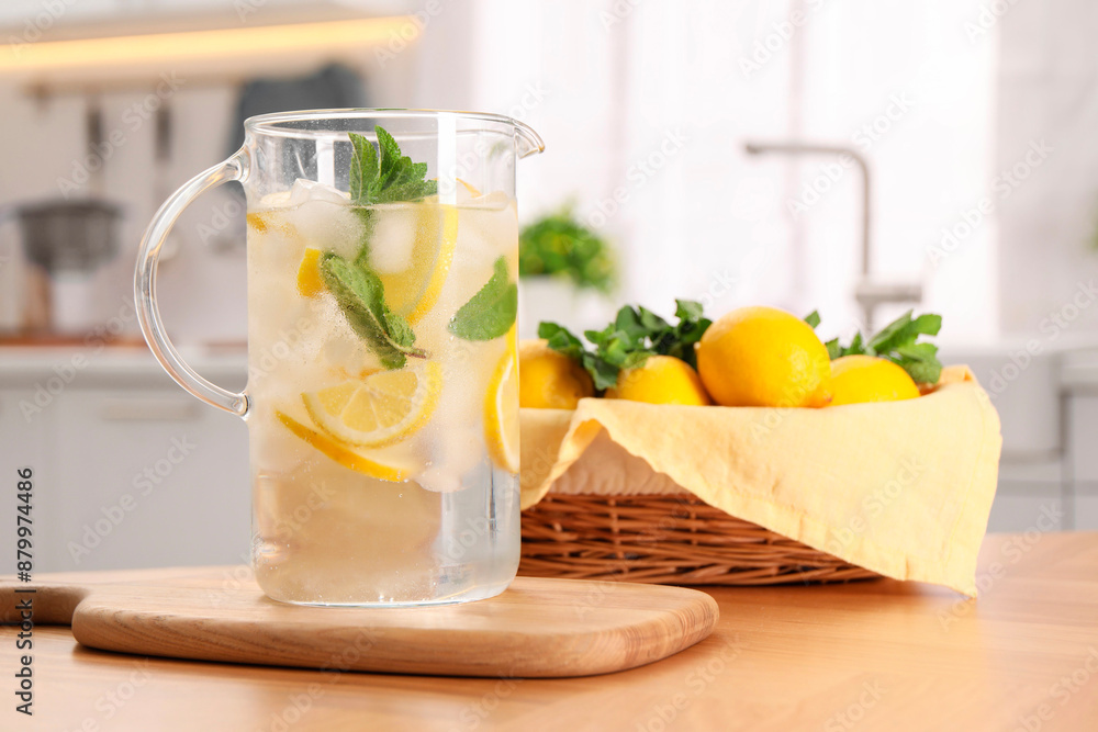 Freshly made lemonade with mint in jug on wooden table indoors Freshly made lemonade with mint in jug on wooden table indoors