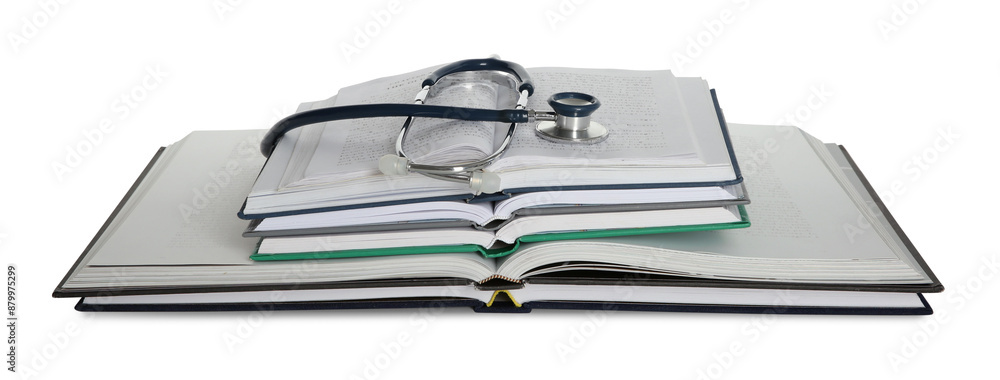 Stethoscope and stack of open books isolated on white Stethoscope and stack of open books isolated on white