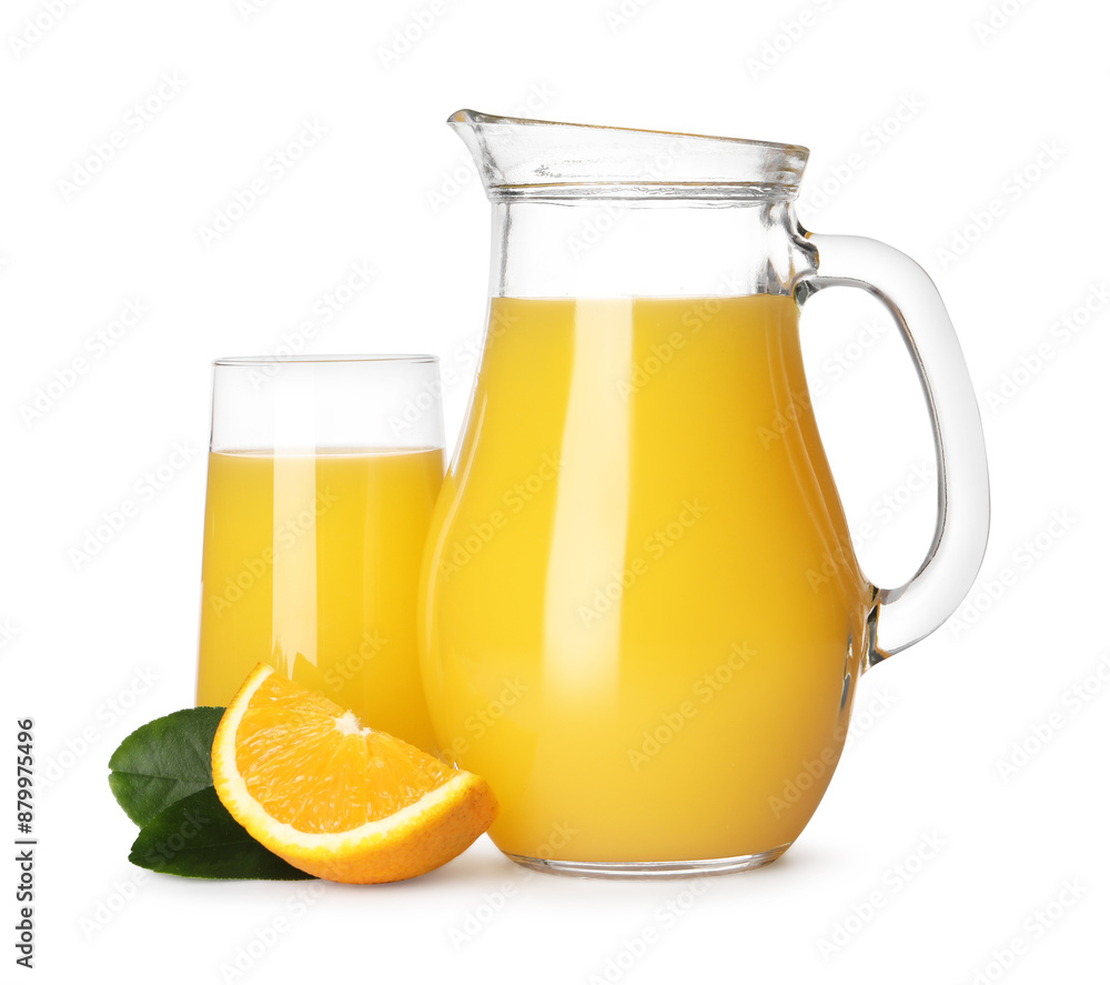 Tasty orange juice, fresh fruit and green leaves isolated on white Tasty orange juice, fresh fruit and green leaves isolated on white
