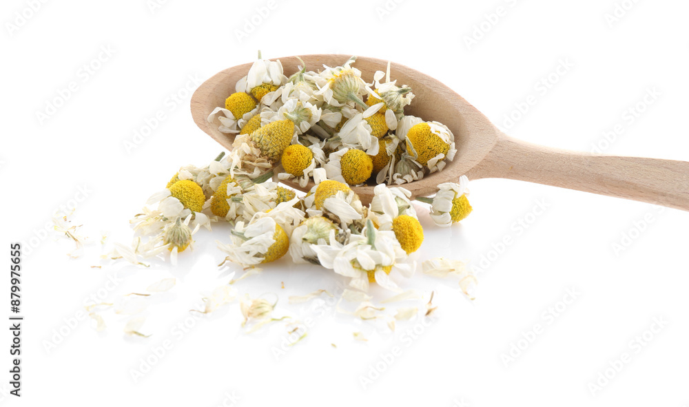 Chamomile flowers in wooden spoon isolated on white Chamomile flowers in wooden spoon isolated on white
