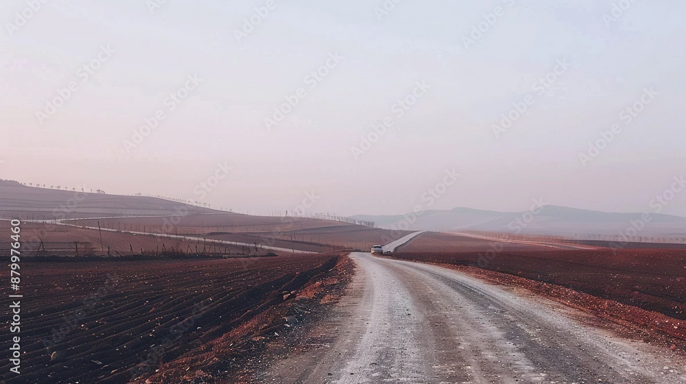 Fototapeta premium A truck navigates a dirt road amidst dry grass and hills in the distance