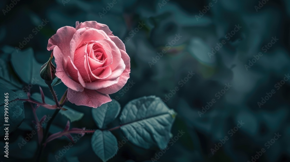 Pink rose positioned at lower left with dark background Pink rose positioned at lower left with dark background