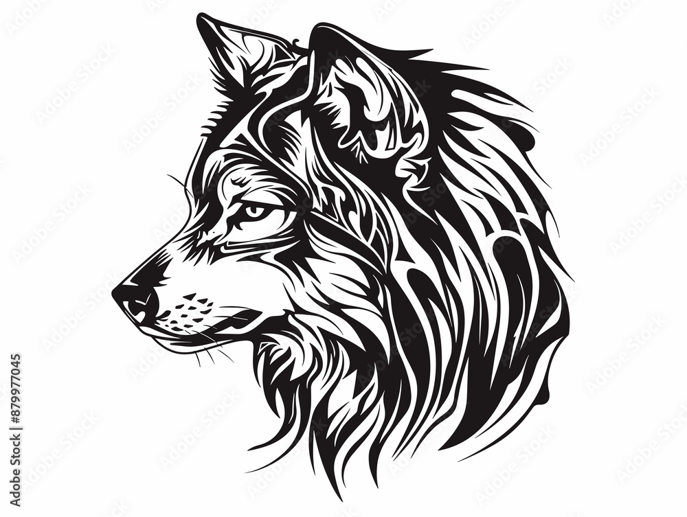 A wolf with a fierce look on its face. The wolf is black and white A wolf with a fierce look on its face. The wolf is black and white