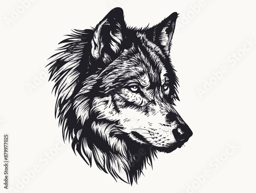 A wolf's head is drawn in black and white. The wolf has a fierce look on its face, and its fur is long and fluffy. Concept of strength and power, as well as a wild and untamed nature