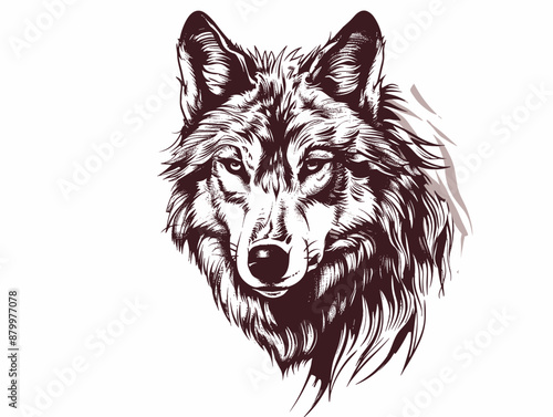 A wolf with a fierce look on its face. The wolf is drawn in black and white. The wolf's fur is long and flowing, and its eyes are piercing. The wolf's expression is intense and menacing