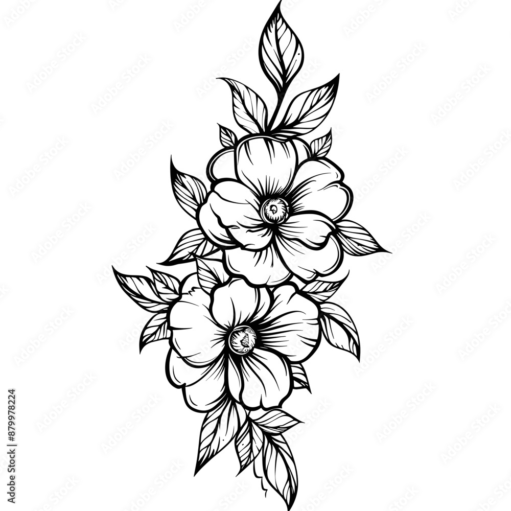 A black and white drawing of two flowers with green leaves. The drawing has a serene and peaceful mood A black and white drawing of two flowers with green leaves. The drawing has a serene and peaceful mood