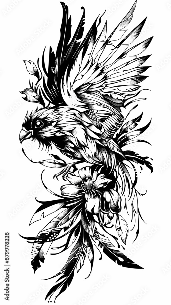 A black and white drawing of a bird with a flower on its tail. The bird is depicted as having a fierce look on its face A black and white drawing of a bird with a flower on its tail. The bird is depicted as having a fierce look on its face