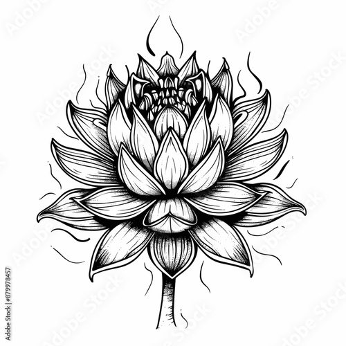 A black and white drawing of a flower with a lot of detail. The flower is very large and has a lot of detail, including the stem and leaves. The drawing has a very artistic and detailed look to it