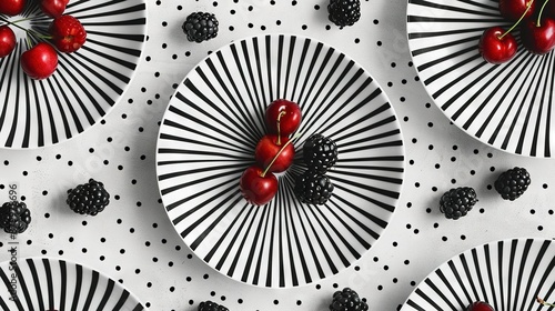   A monochromatic design featuring cherries and black raspberries on a black and white polka dot dish