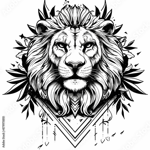 A lion with a flowery design on its face. The lion is the main focus of the image, and the flowers add a touch of elegance and beauty to the lion's face. Scene is one of strength and majesty