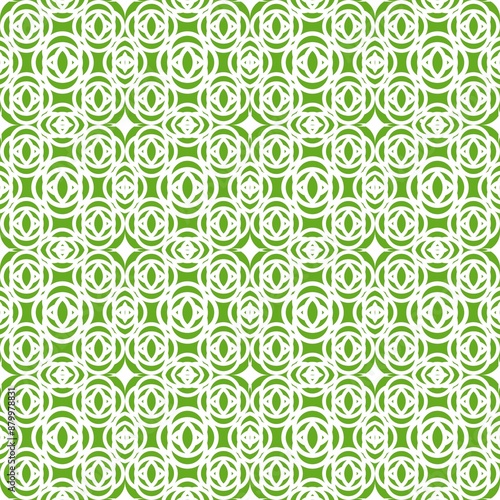 Seamless geometric pattern of circles and stars on white. on a green background