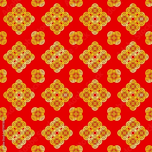 Golden yellow seamless geometric pattern on a red background.