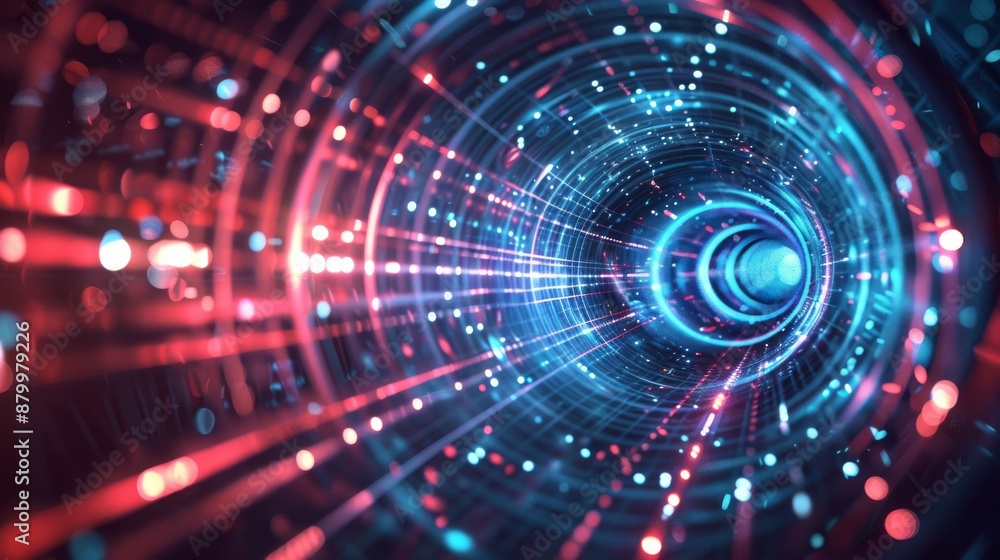 Dynamic depiction of a neon tunnel with vibrant blue and red lights, illustrating technological progress. Dynamic depiction of a neon tunnel with vibrant blue and red lights, illustrating technological progress.