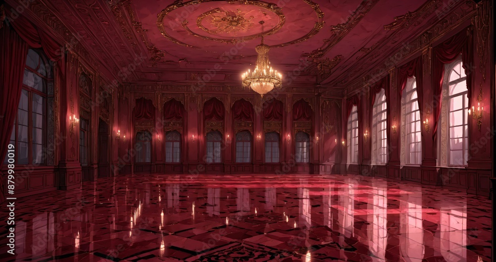 Obraz premium palace interior of room red ballroom sun room with sunlight through windows. elegant mansion gothic baroque castle decor and victorian style. candles and chandelier lighting.