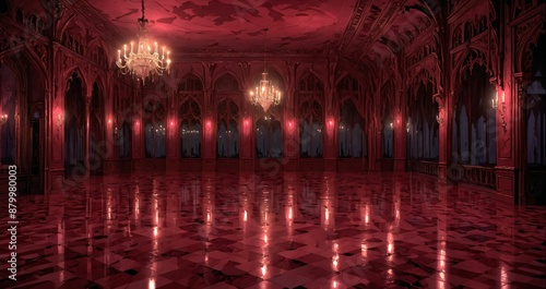 palace interior of room red ballroom and windows at night. elegant mansion gothic baroque castle decor and victorian style. candles and chandelier lighting.